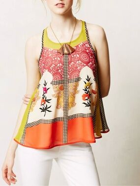 Anthropologie Vineet Bahl Jardin Swing Tank High Neck Sleeveless Top Sari Large